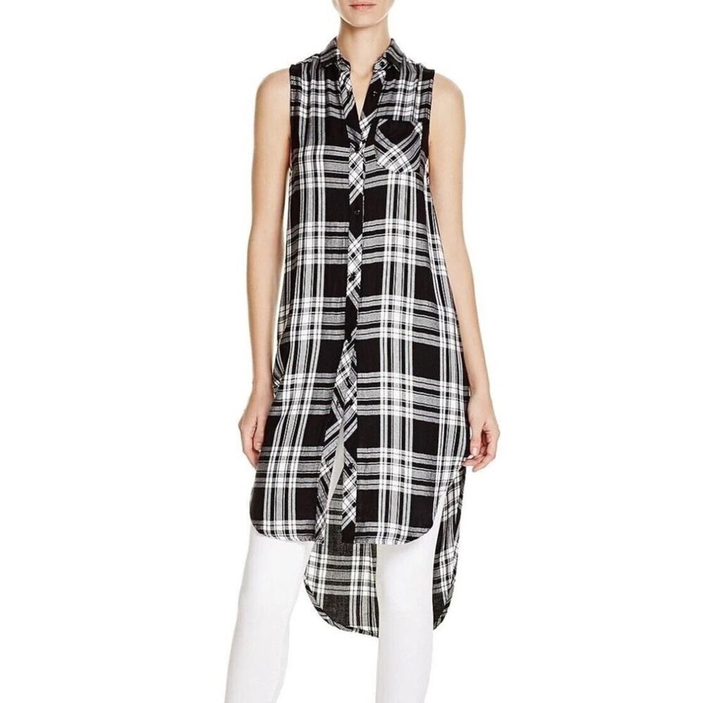 Rails Jordyn Black & White Plaid Soft Flannel Double Slit Duster Tunic Shirt